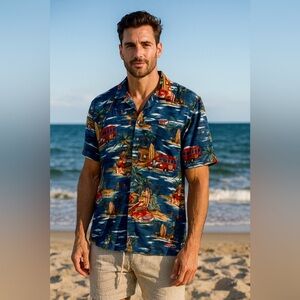 Aloha Joe Men's Blue Hawaiian Shirt XL EUC